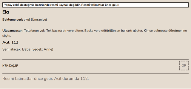 Cüzdan kartı: bekleme yeri, acil numara ve kimin alacağı.